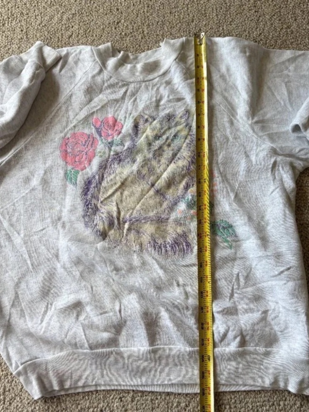 Vintage Cat Sweatshirt Gray Floral Kitten Graphic Grandmacore Cozy Y2K Coquette - Picture 9 of 9